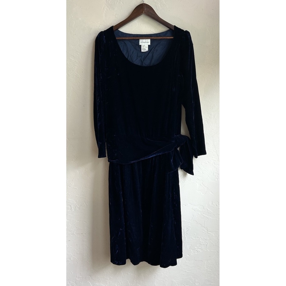 Vintage‎ Eileen West Royal Blue Velvet Midi Dress L Dropwaist Tie Gatsby Silk